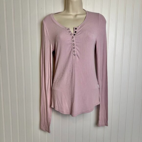 Bohme Pink Ribbed Snap Front Henley Long Sleeve J5 - Picture 2 of 6